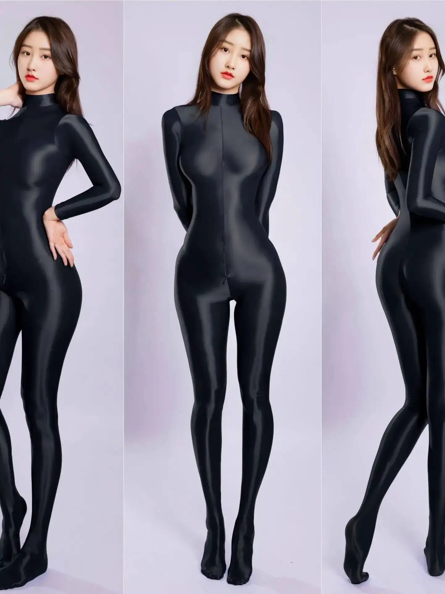 กางเกงเลกกิ้งกีฬาแบบยืดหยุ่นเงา กระชับสัดส่วน ซิปยาว แขนยาว บอดี้สูทเนื้อผ้าเรียบเนียนเงา ชุดลำลองใส่ในบ้าน ดีไซน์หรูหรา J9XD