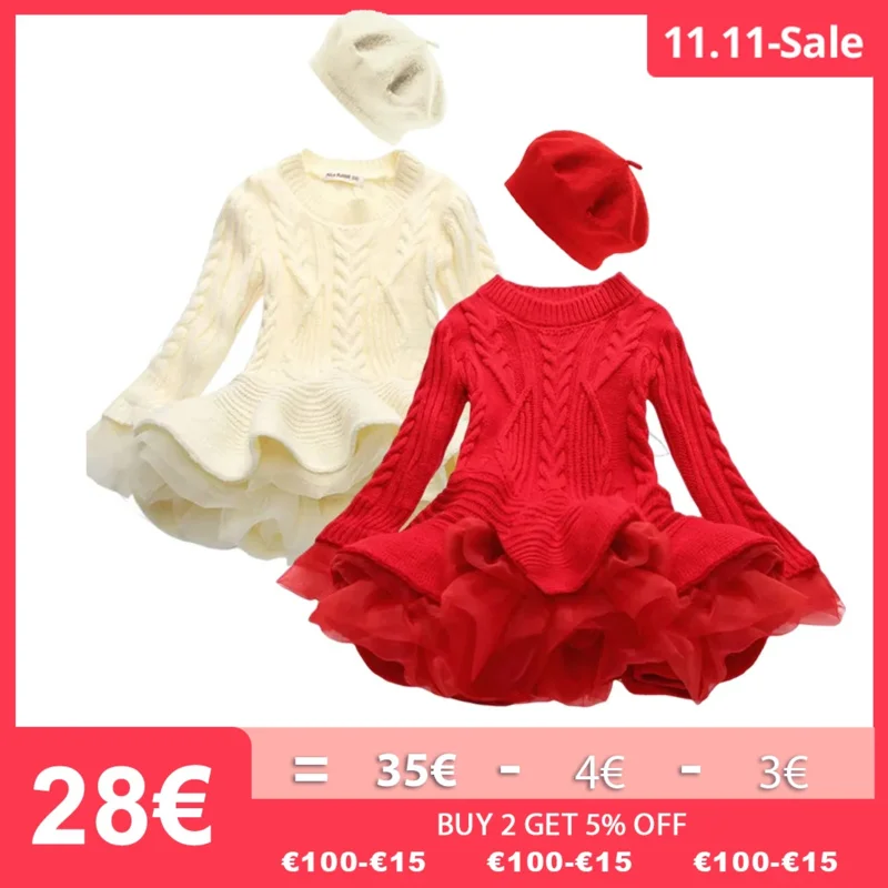 Ragazze rosso natale manica lunga abiti a maglia testimone caldo festa di compleanno volant principessa costume bambini Vestido