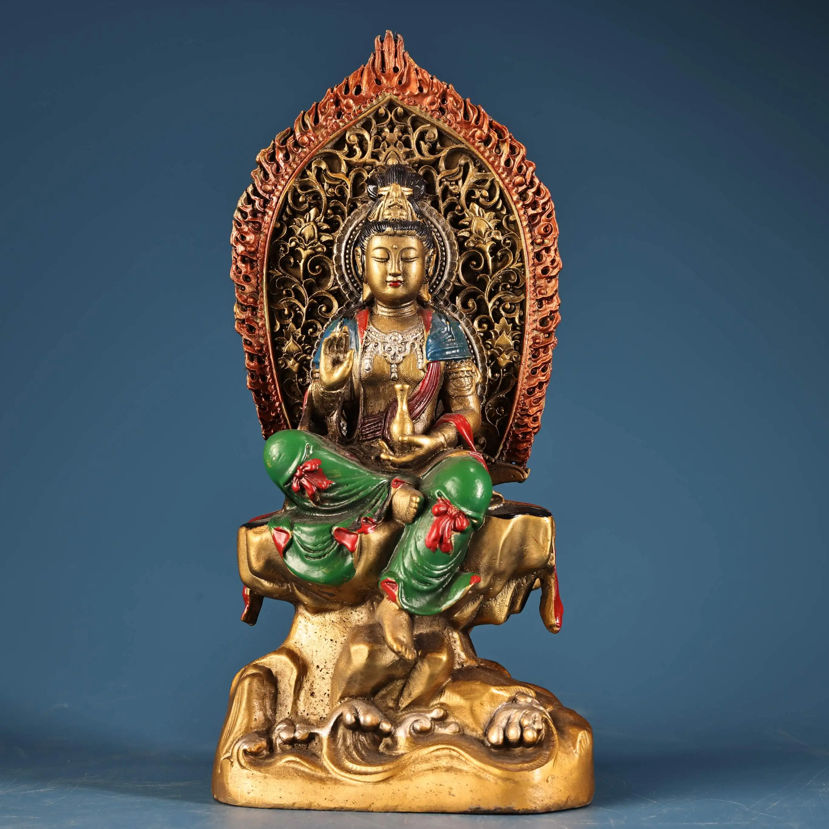 Old Bronze Gilded Painted Backlight Guanyin Bodhisattva Sitting Buddha Lotus Terrace Buddha Terrace Amitabha Worship Hall
