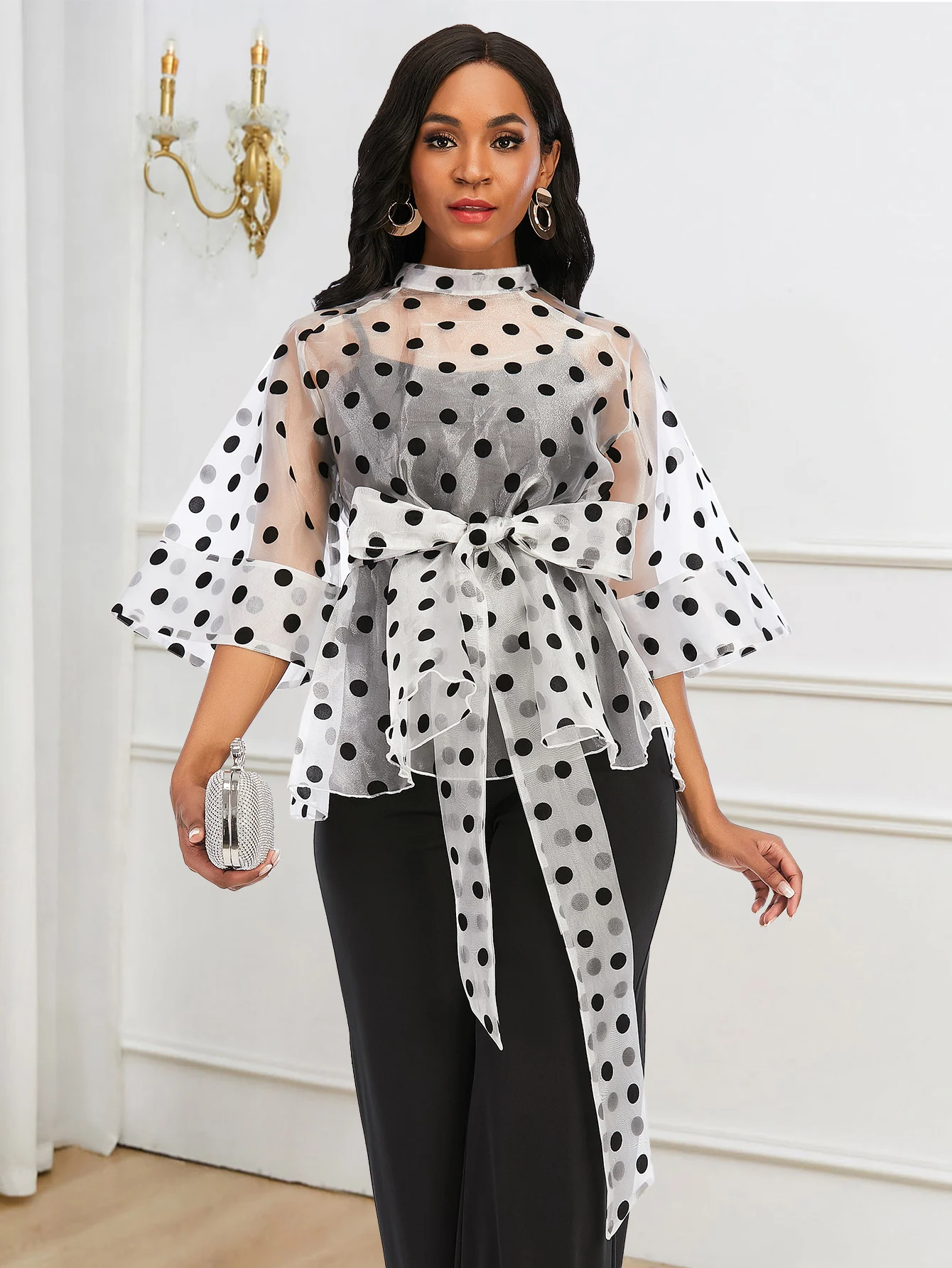 White Organza Tops Half Sleeve Polka Dot Sexy See Through Blouse Evening Cocktail Party Event Pullover Shirts for Ladies 2024