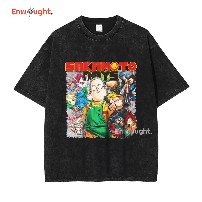 Sakamoto Days T Shirt Anime Tarou Shin Oversized Vintage Washed T-shirts Streetwear Retro Manga DTG Printing Top Tee Men Cotton