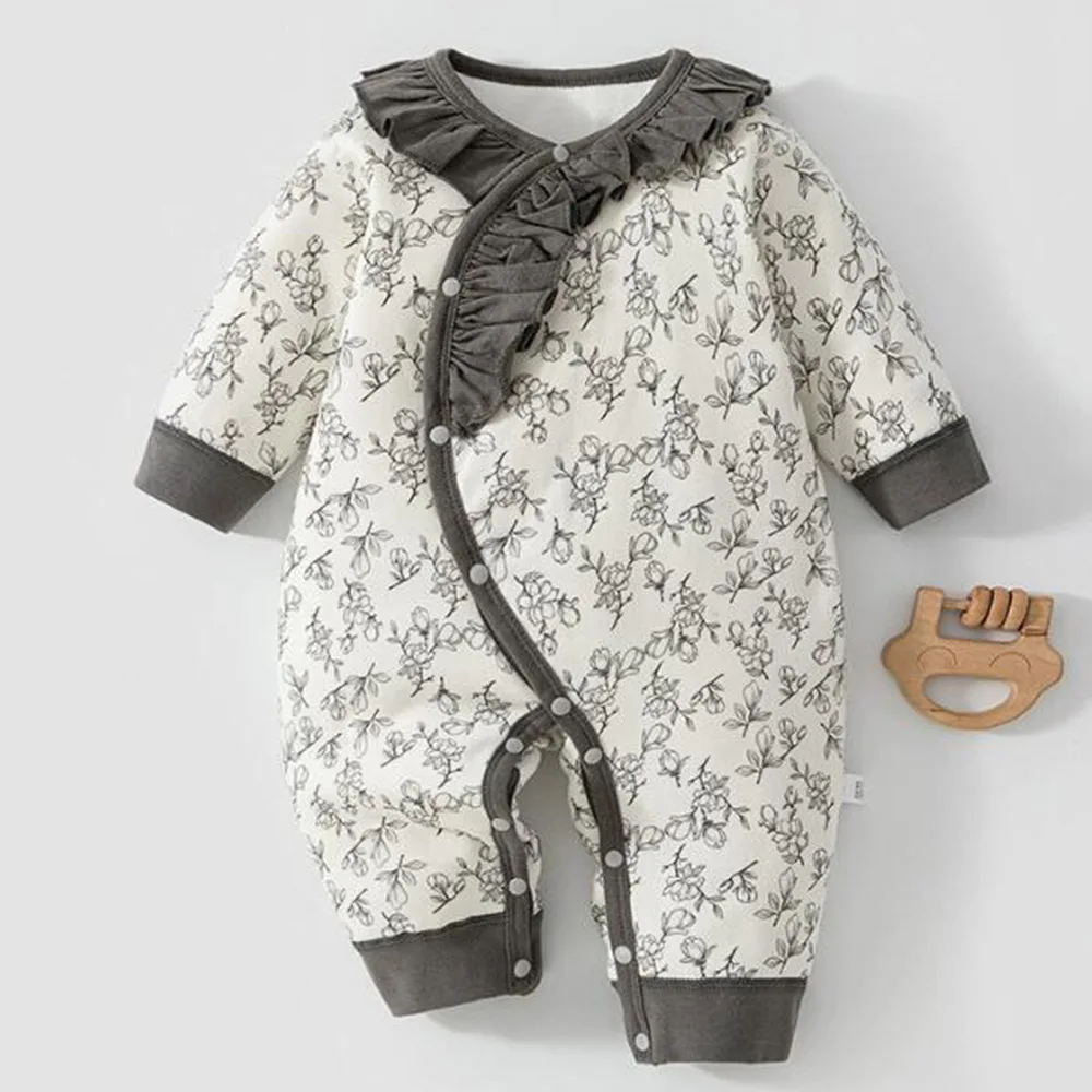 Christmas Baby Girl Jumpsuit Long Sleeve Quilted Warm Winter Newborn Clothing Floral Ruffles Collar Infant Baby Romper