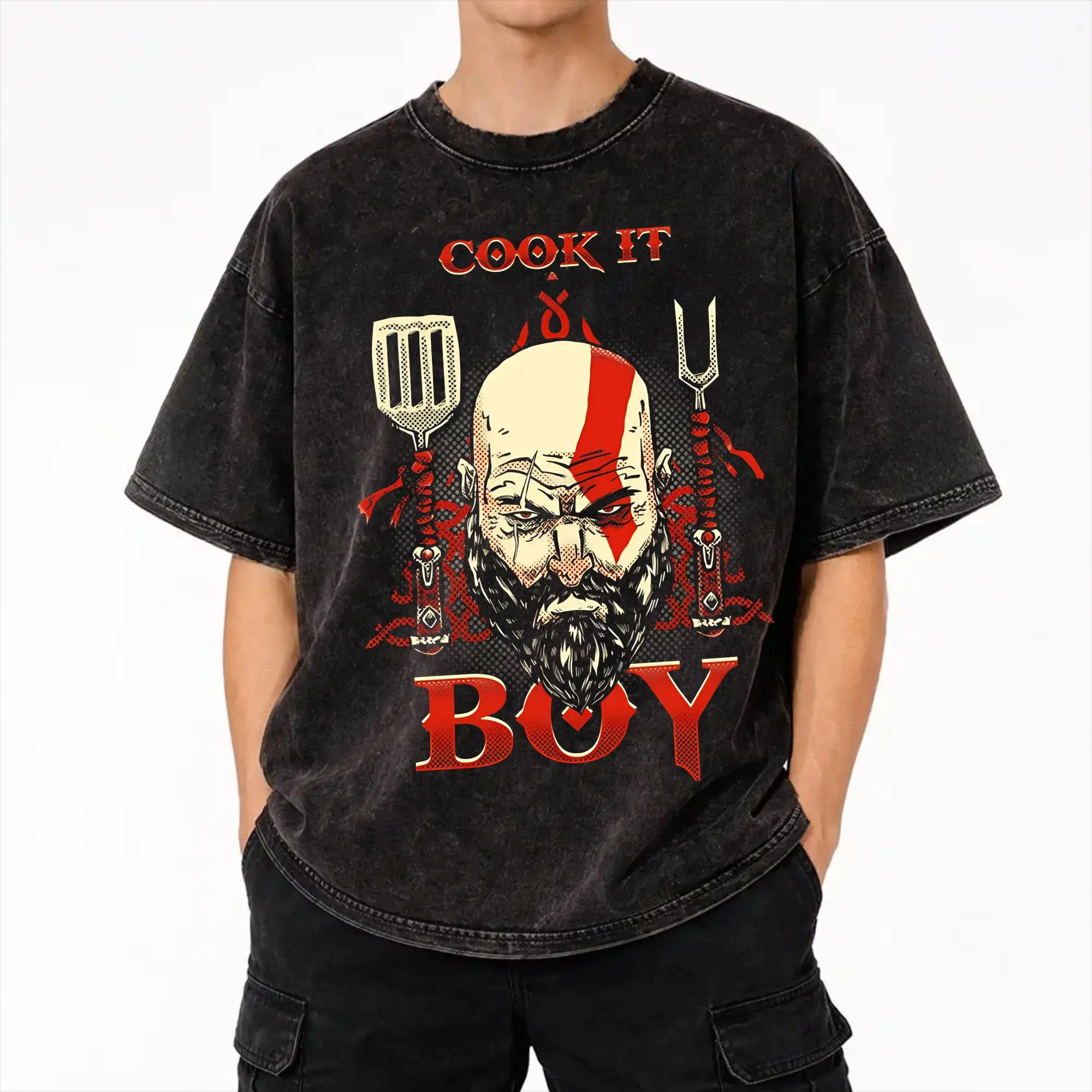 Kratos Lord God of War God 0f Cooking  Washed T Shirts Streetwear Hip Hop Fashion T-Shirt  Tee Shirt for Men Women Short Sleeve