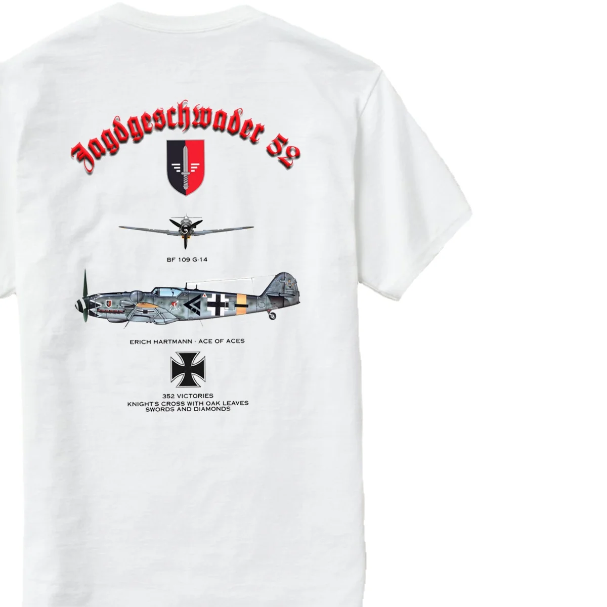 

WWII German JG 52 Ace Pilot Erich Hartmann Bf-109G-14 Fighter T Shirt. 100% Cotton Casual O-Neck T-shirt Loose Top Size S-3XLL