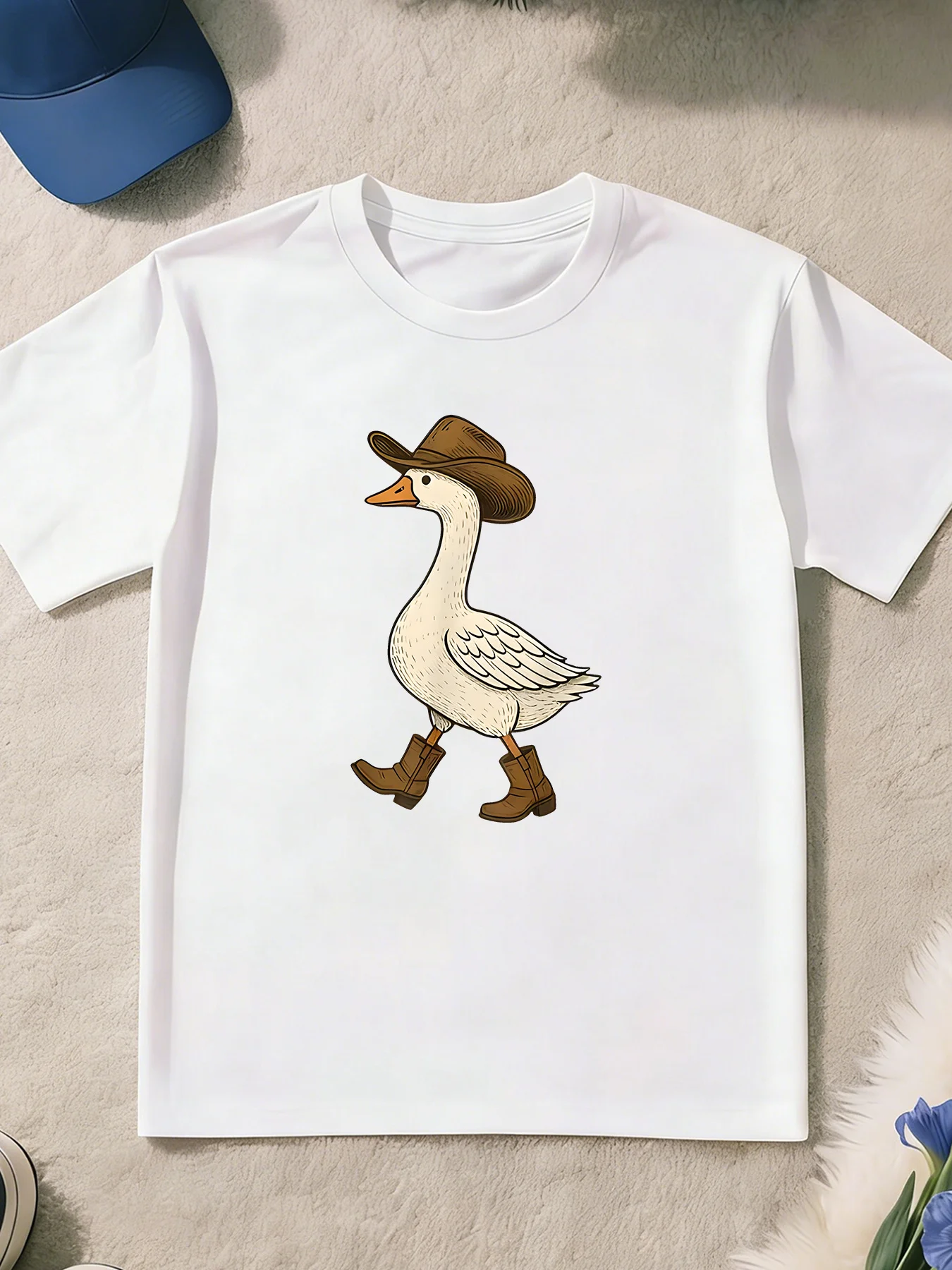Cowboy Goose With Hat And Boots Cartoon Print T Shirt Boys Girls Funny Animal Short Sleeve Tee Family Matching Kids Cotton Tops