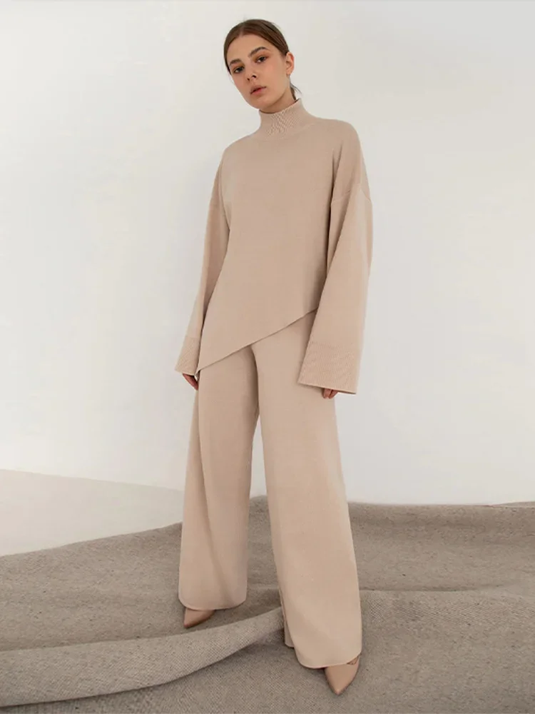 

Woman Bevel Turtleneck Sweater Pants Suit Elegant Irregular Tops High Waist Wide Leg Pants Two Piece Sets Autumn Streetwear