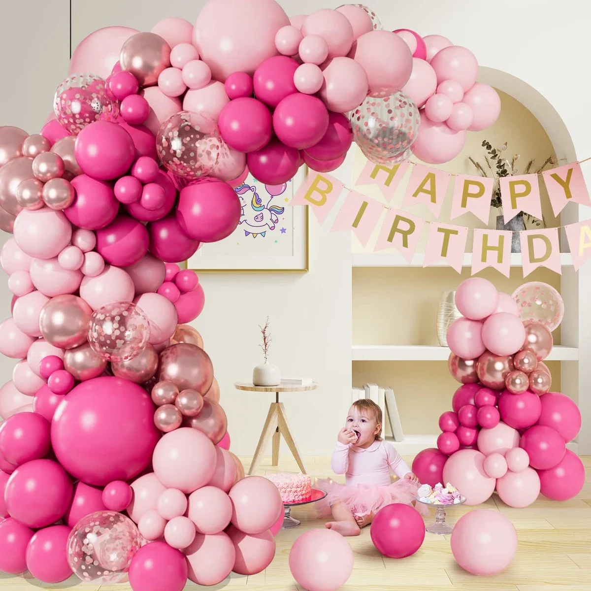 Rosa Macaron-Ballon-Girlandenbogen-Set mit goldenen Konfetti-Latexballons für Babyparty, Mädchen, Geburtstag, Hochzeit, Party-Dekoration