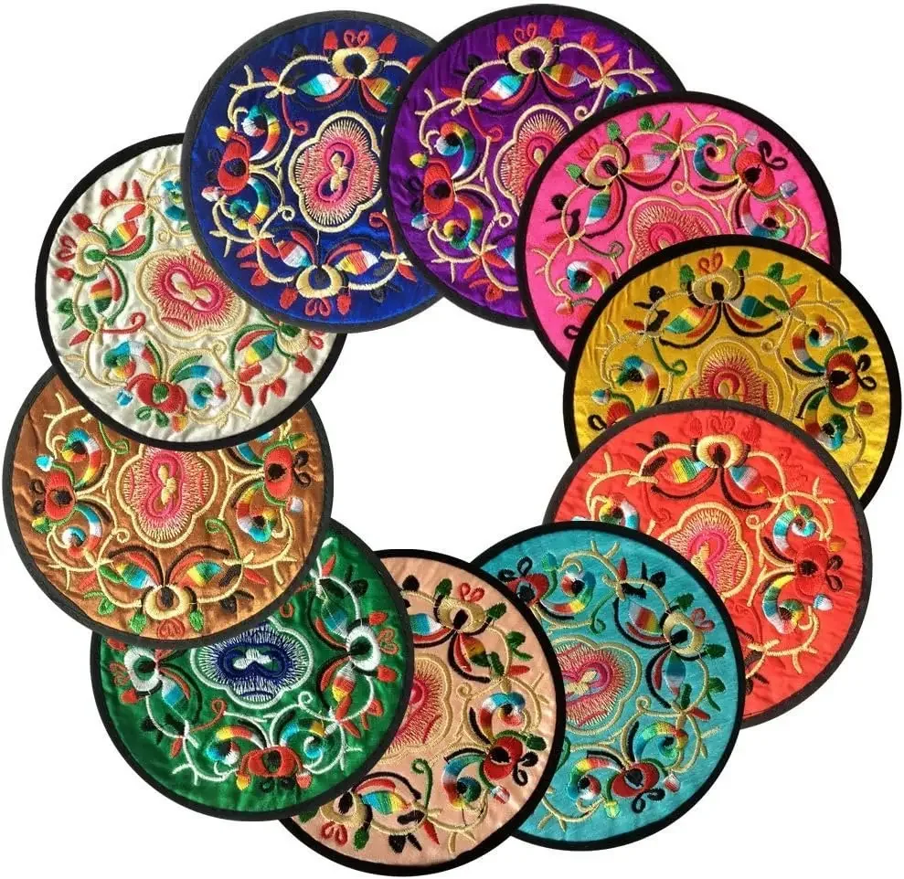 10PCS MIX COLOR Vintage Embroidery Round Coasters Ethnic Floral Teacup Insulation Pads Placemats Anti-Skid Dining Table Mat