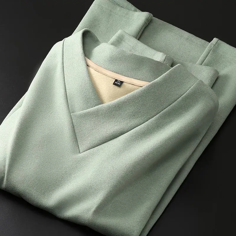 Winter Plus  Heavyweight V-neck Long Sleeved T-shirt Casual Double-sided German Velvet Base Shirt Men's Warm Top