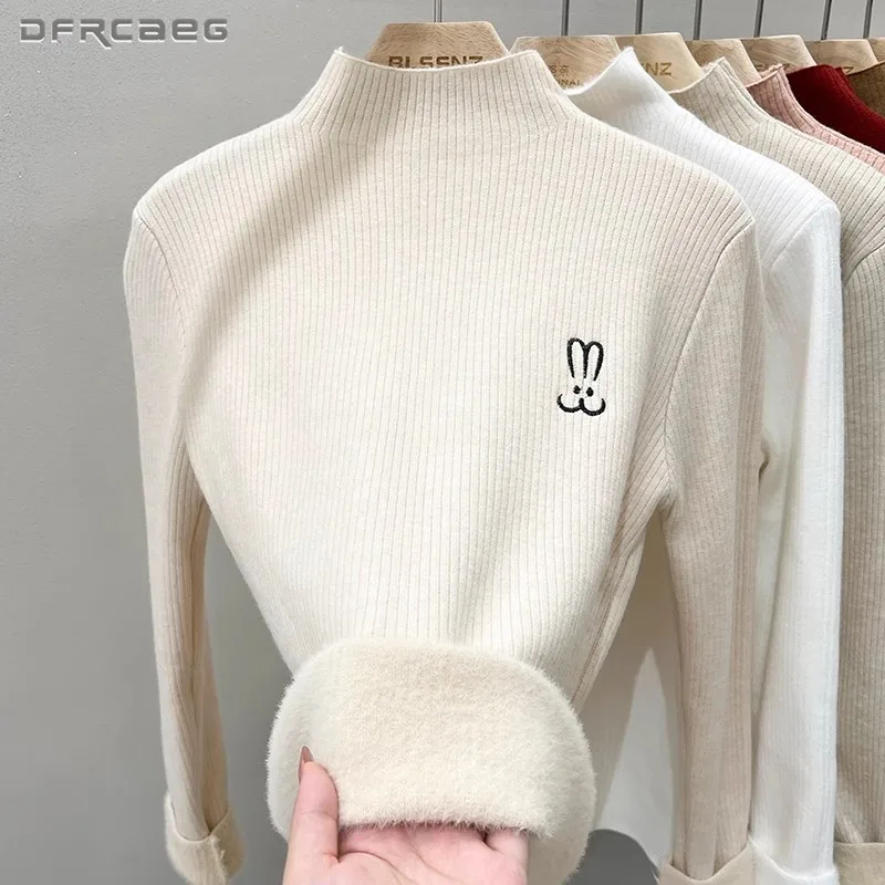 سترة شتوية سميكة من المينك الأبيض للنساء بأكمام طويلة ورقبة وهمية دافئة قاع محبوك سيدة