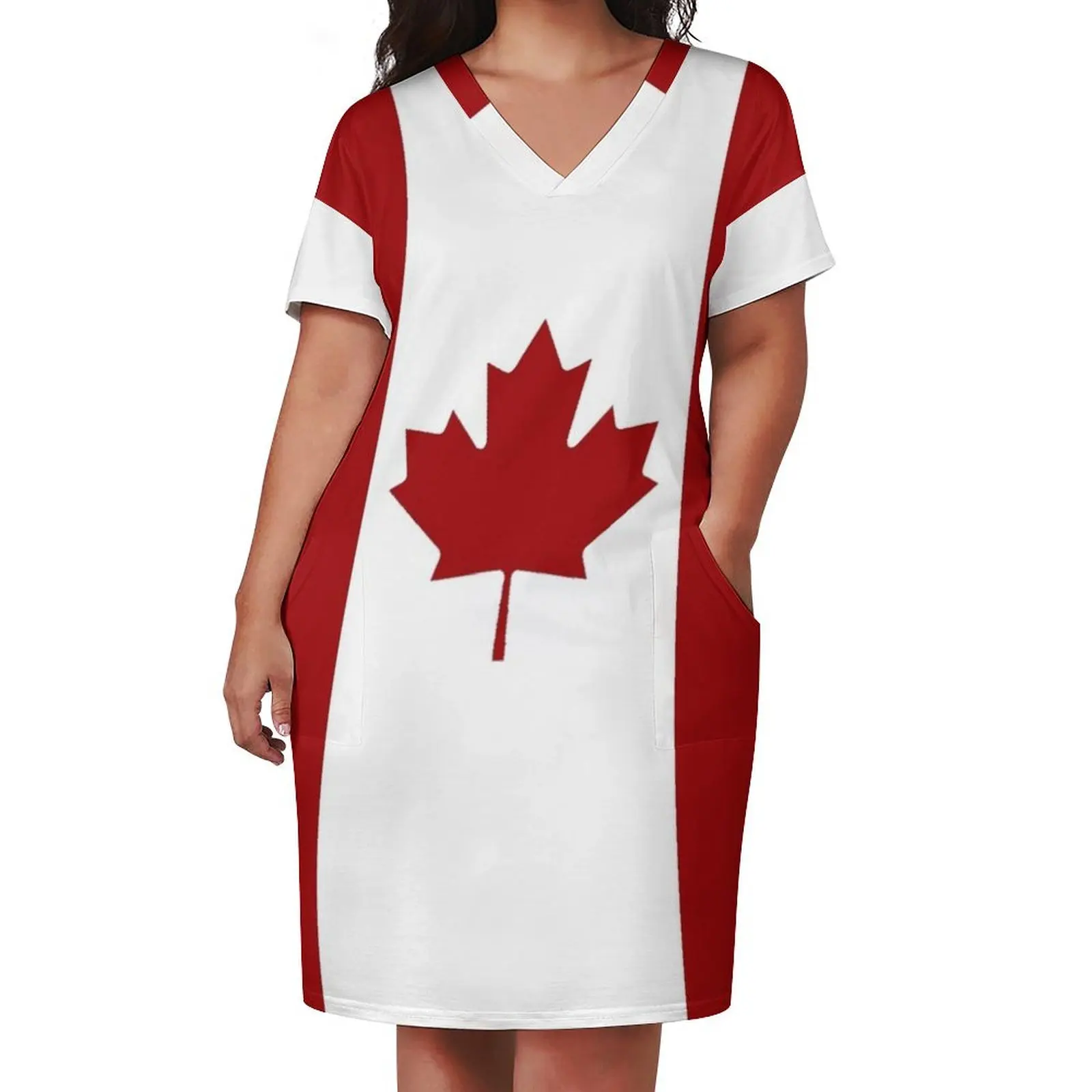 Canada: Canadian Flag (Red & White) Loose Pocket Dress womans clothing Women