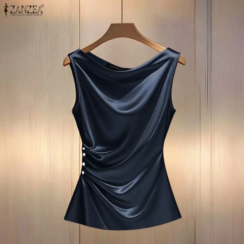 ZANZEA Knotted Desgin Chic Tanks Tops Stylish Women Sleeveless Satin Blouse Summer Casual O Neck Solid Color Work Shirt Mujer