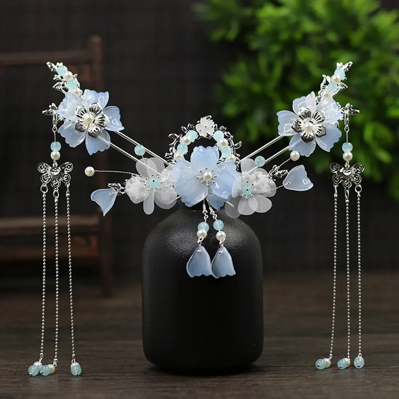 Hair Stick Earring Sets For Women Floral Tassel Pearl Chinese Jewelry Hair Clip Hairpin Fairy Tiaras Wedding Accessories