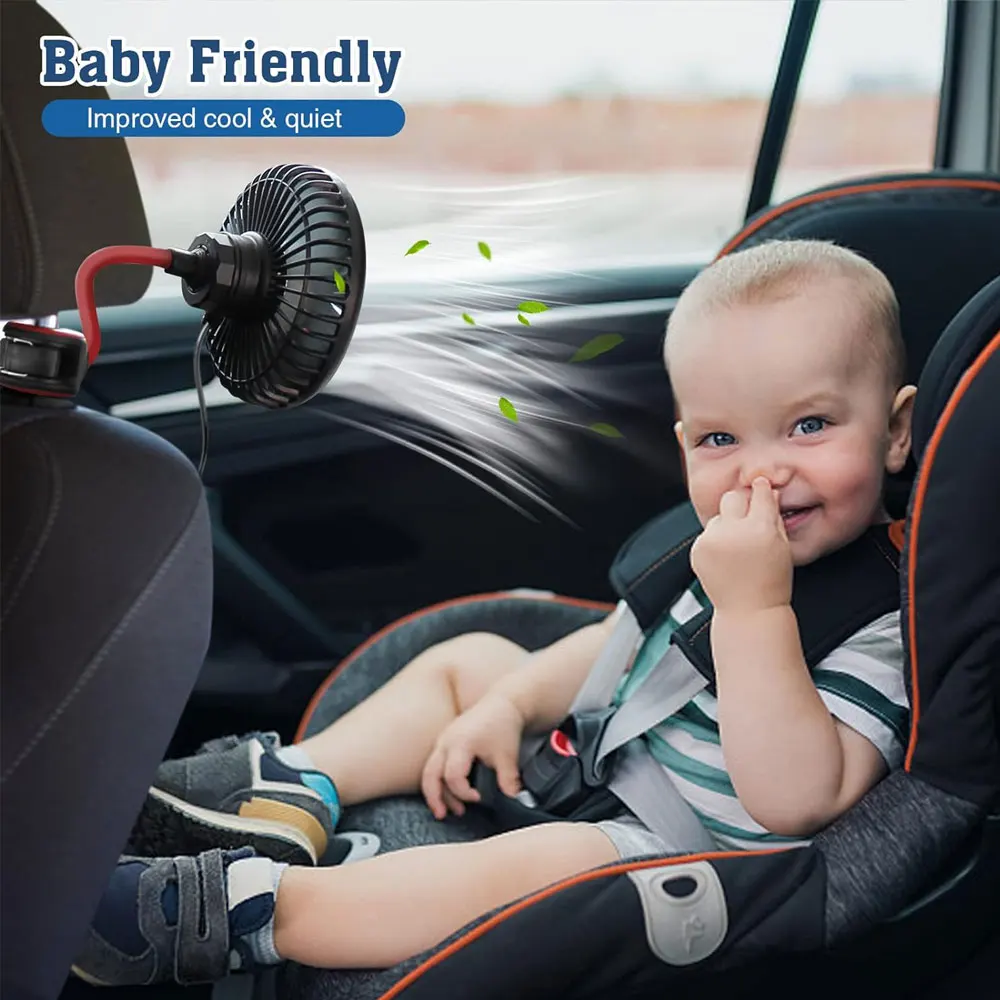 مروحة تبريد المقعد الخلفي للسيارة ، درجة قابلة للدوران ، 3 سرعاتٍ ، رياح قوية ، مروحة تهوية هادئة ، مشبك قابل للتعديل ، 5 فولت