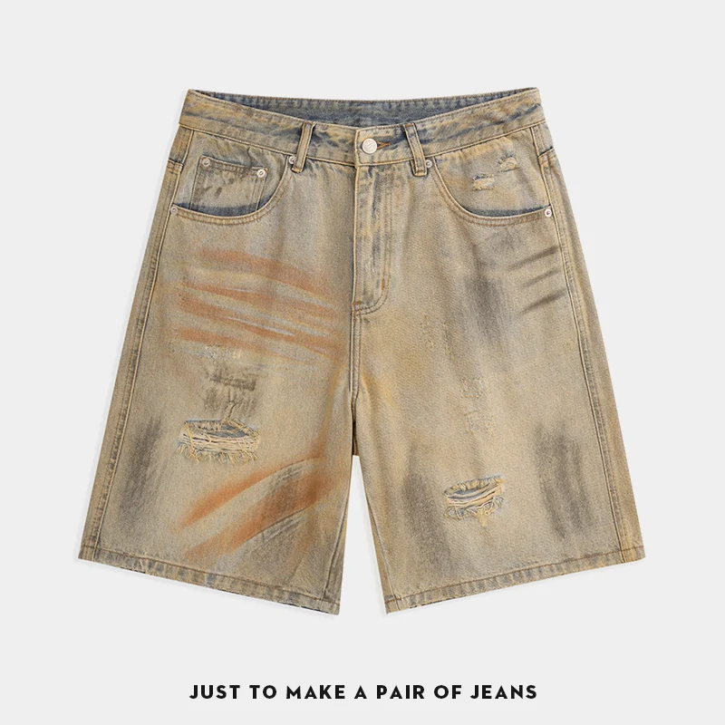 

Джинсовые шорты в стиле ретро с кошачьей лапой, мужские свободные прямые брюки с пятью дюйма в американском стиле, новые летние рваные брюки 2025 г.