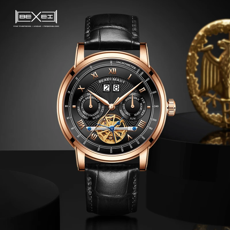 

BEXEI 9301 mechanical Automatic Movement Roman Numerals Multifunction Man watch sapphire Displays for date day of the week month