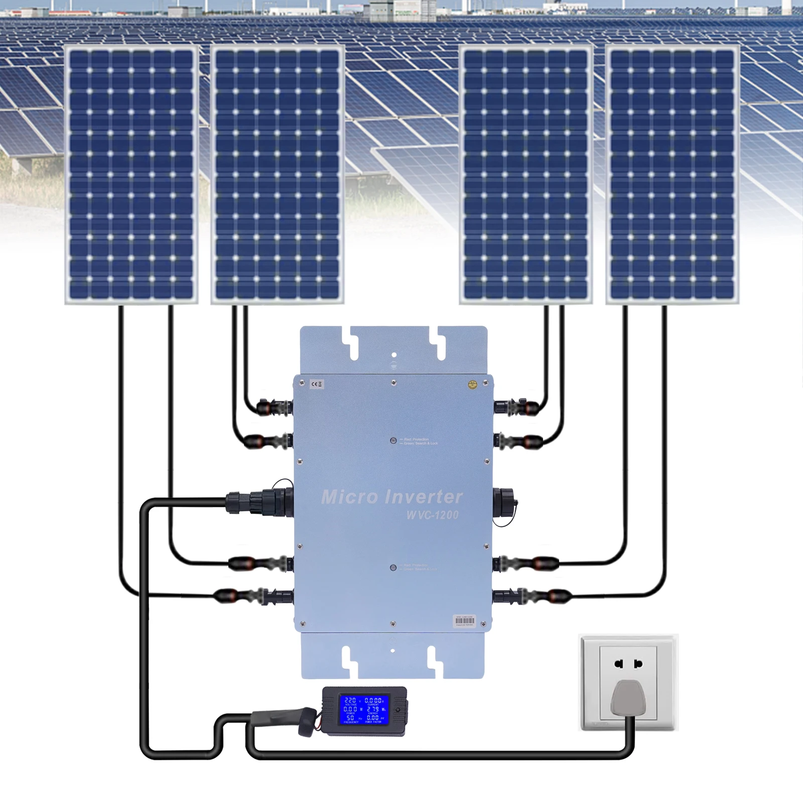 1200W Solar Micro Inverter with 2 Gaskets Aluminium Alloy High Efficiency Digital Control LCD Display IP65 Blue