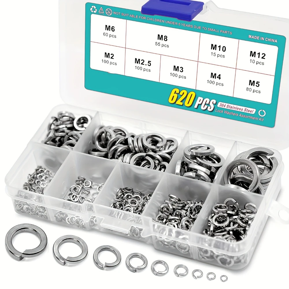 

304 Stainless Steel Spring Washers 620pcs Box-packed Gaskets GB93 Open M2-M12 Spring Gaskets Combination Hardware Accessories