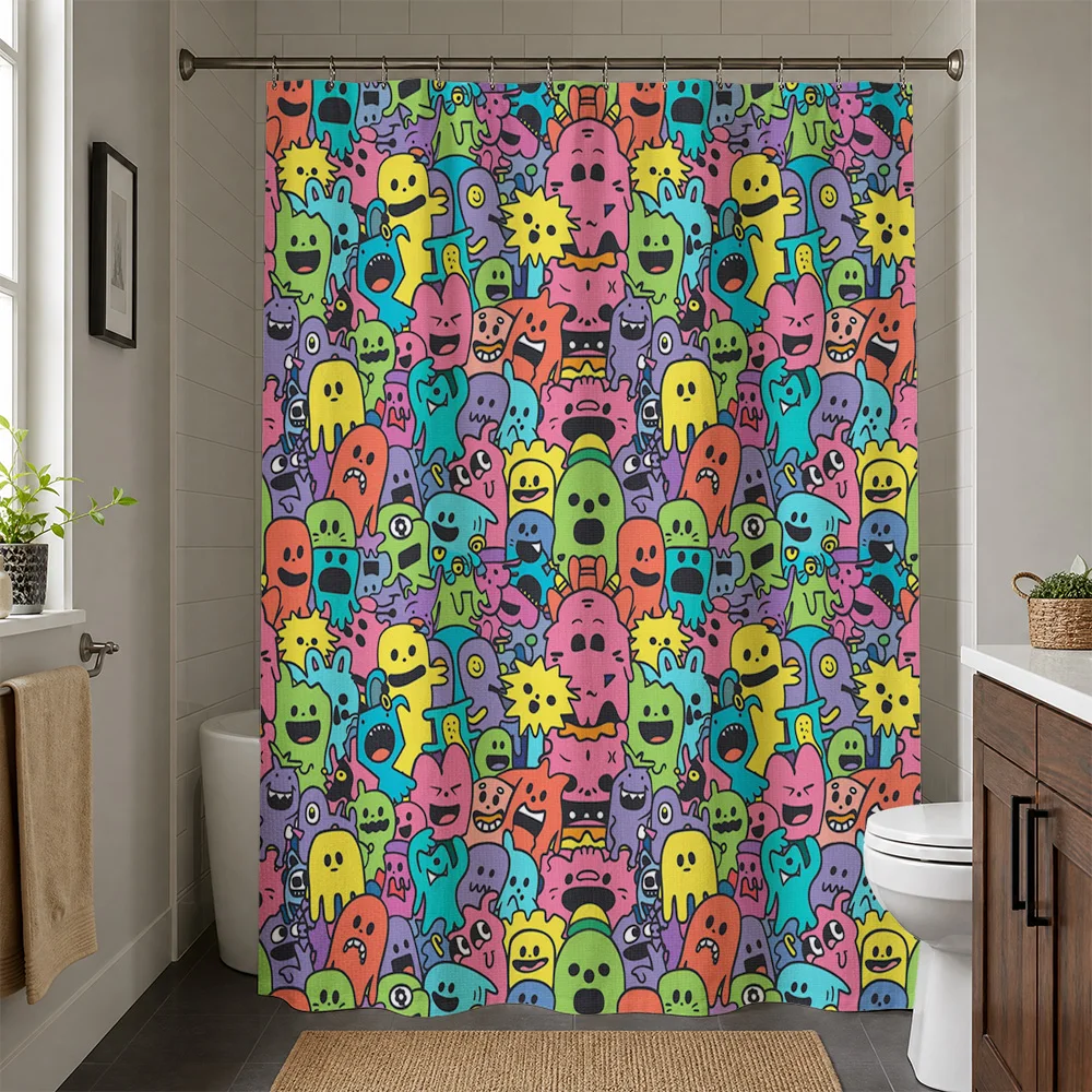 Waterproof Shower Curtain Liner Cute Monster Cartoon Pop Art Bathroom Decor Funky Groovy Shower Curtain for Kids Bath