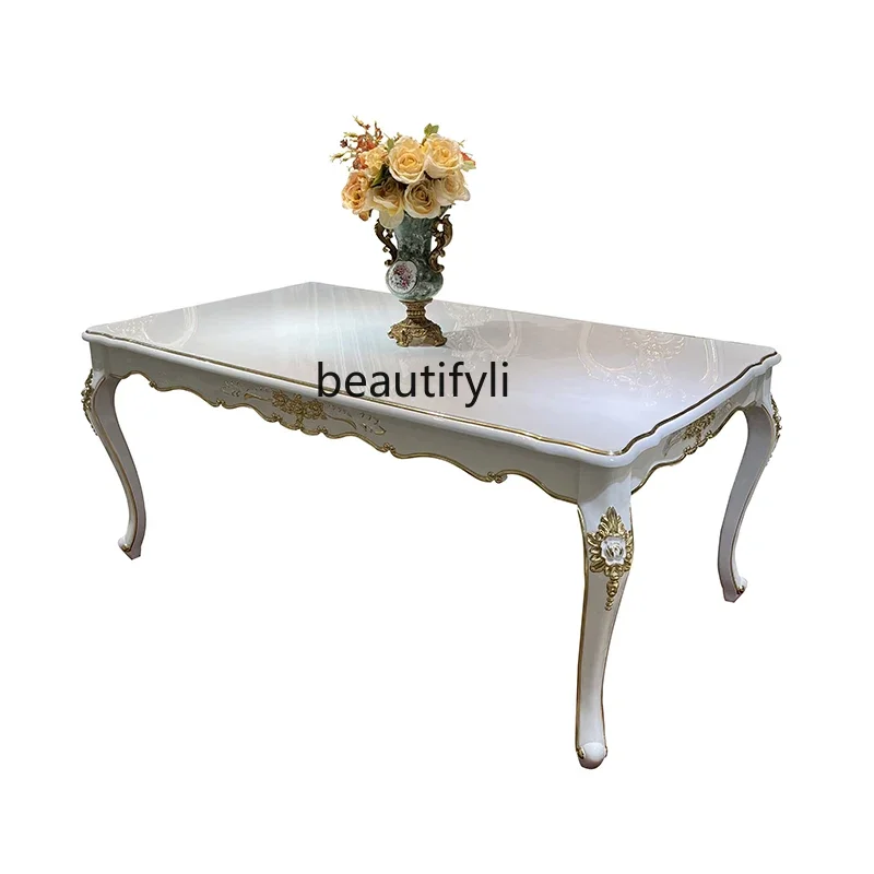 

A90 French solid wood long dining table European luxury table restaurant Villa 6 people dining table and chair combination