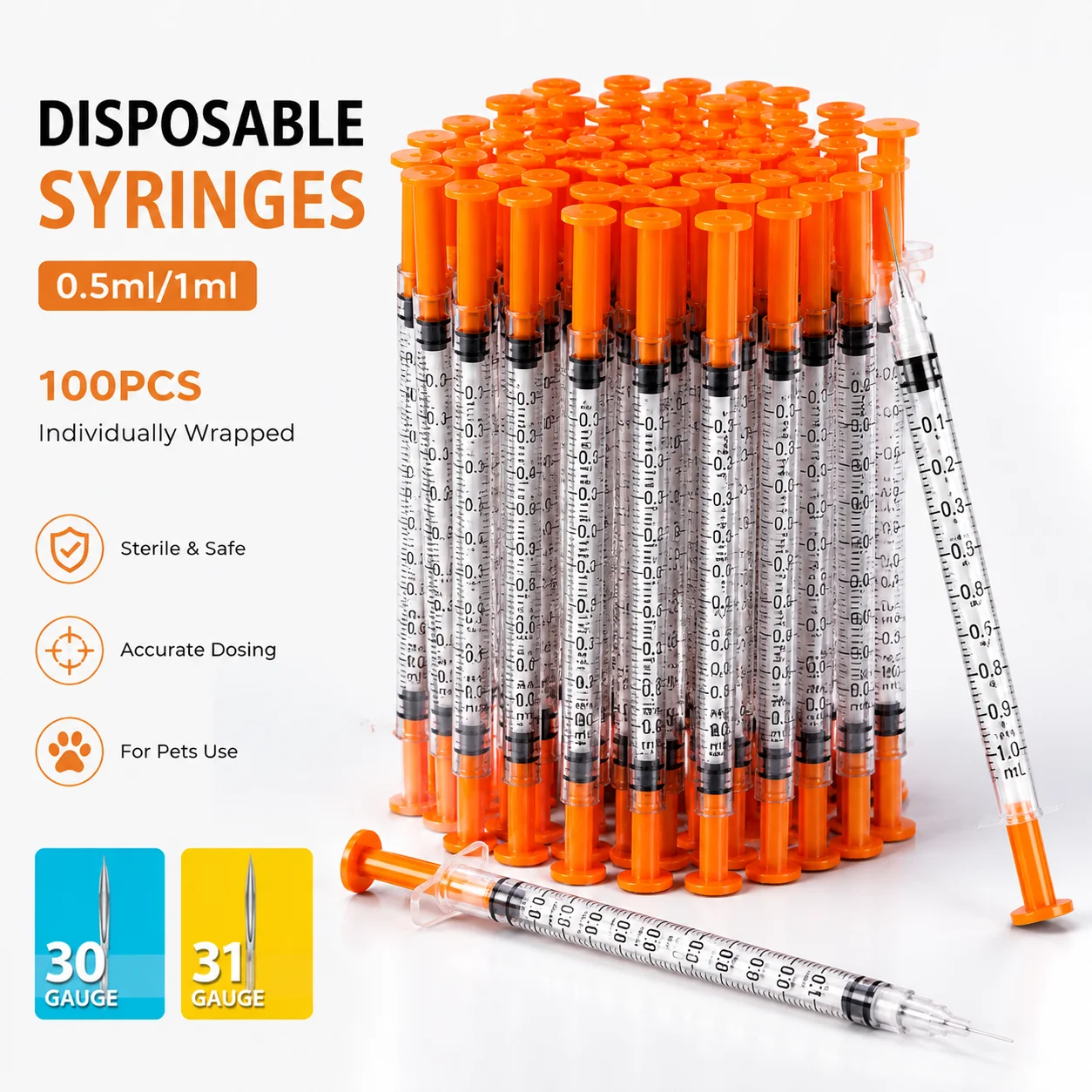 100pcs 1ml 0.5ml 30G 31G Pet Animal Dog Cat Disposable Syringe Plastic Veterinary Syringe With Needles Medical Supplies