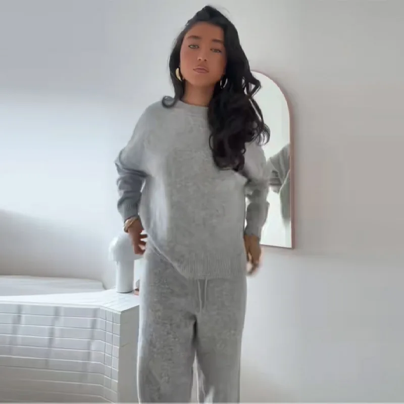 

Casual Knitted Set Lady Backless Sweater Pants Minimalist Style Versatile Solid Color Top Autumn Women's Languid Outfit