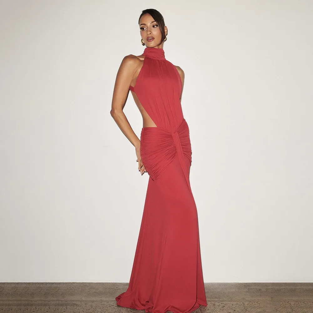 Backless Mermaid Long Sleeveless High Neck Solid Color High Waist Dress for Wedding Guest Party Prom Elegant Evening Women