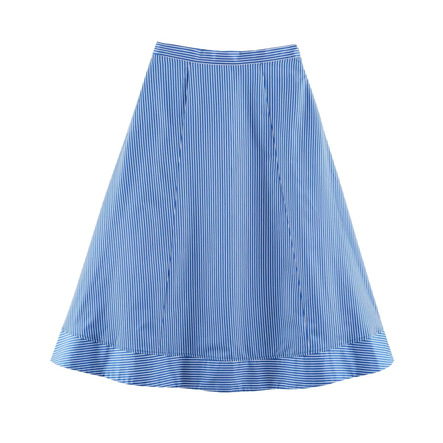 BSAY Summer Women Vertical Striped A Line Midi Skirt High Waist Swing Skirt Ruffled Hem Blue White Pinstripe Casual Daily Wear