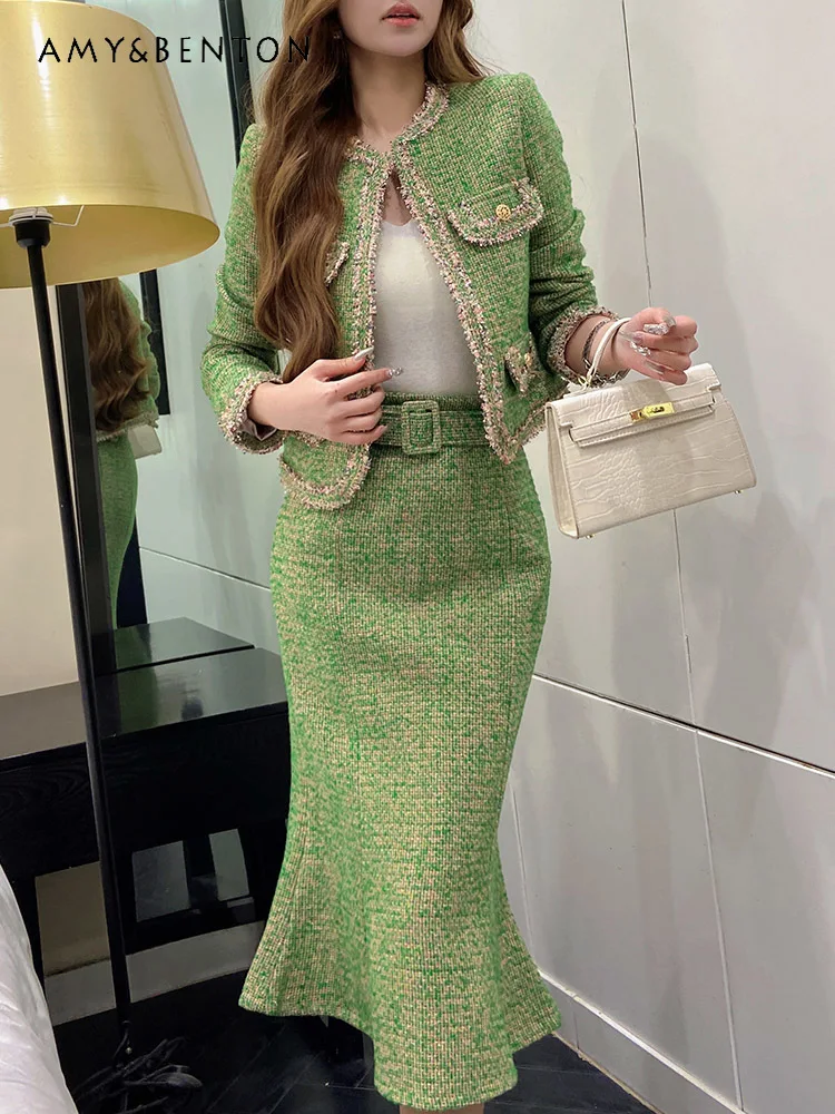 

Socialite Elegant Tweed Coat Fishtail Skirt Two-Piece Sets Womens Outfits High-Grade Elegant Commute Style Fashion Skirt Sets