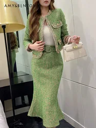 Socialite Elegant Tweed Coat Fishtail Skirt Two-Piece Sets Womens Outfits High-Grade Elegant Commute Style Fashion Skirt Sets