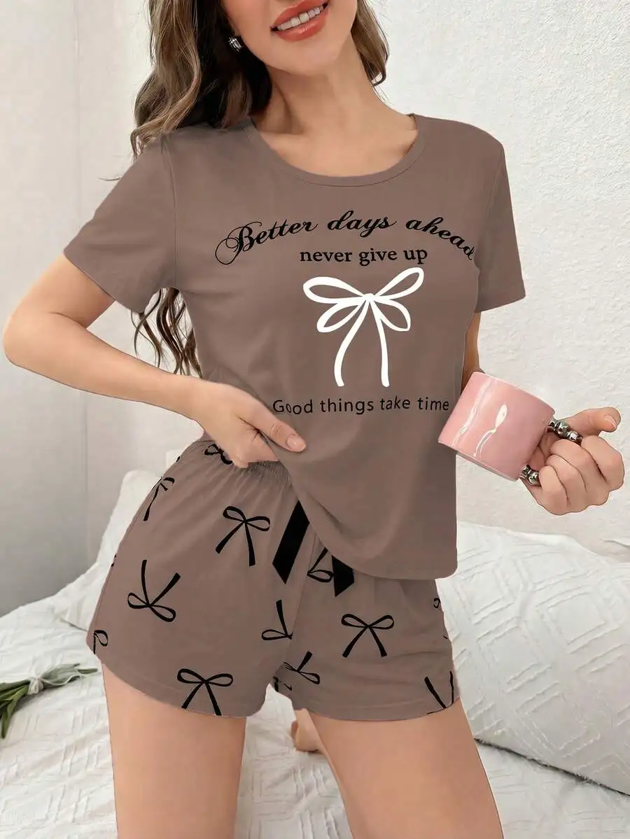 

Bow & Letter Print Short Sleeve Shorts Pajama Set