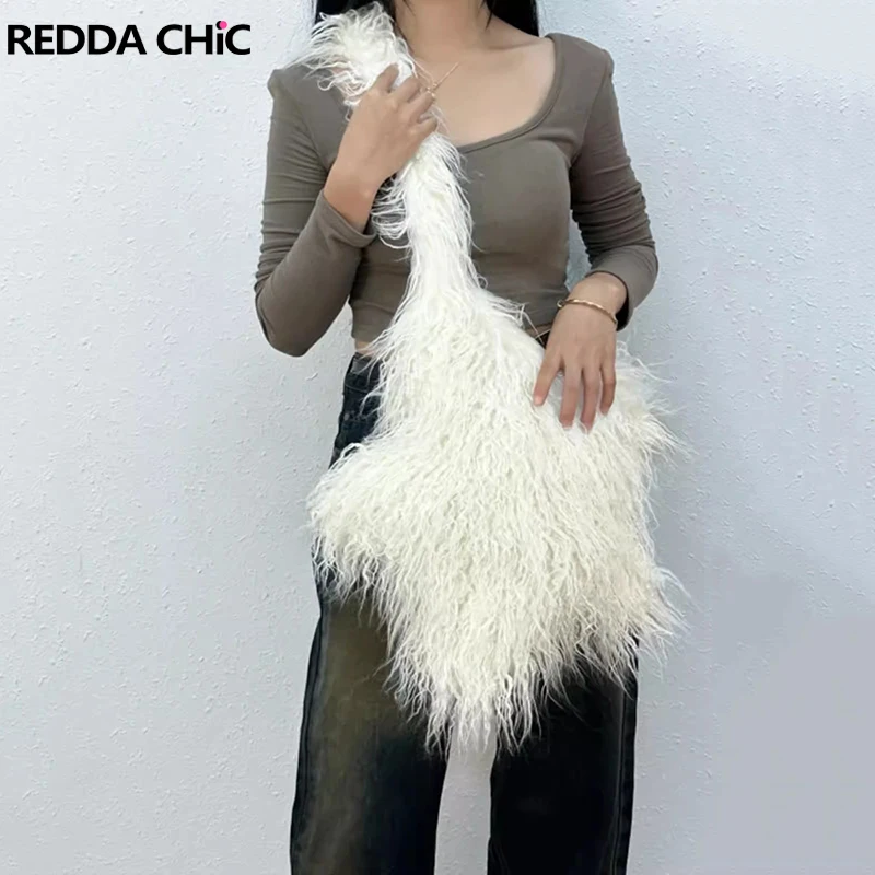 ReddaChic Women Faux Fur Tote Shoulder Bag Star Furry Crossbody Bag Casual Solid Color High-Capacity 90s Retro Y2k Accessories