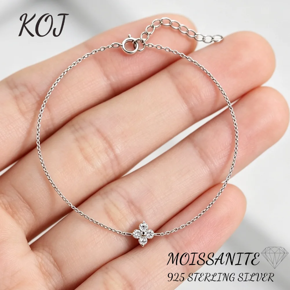KOJ 1PC 925 Sterling Silver Moissanite Four‑Leaf Clover Bracelet For Women Delicate Daily Party Fine Jewelry Accessories