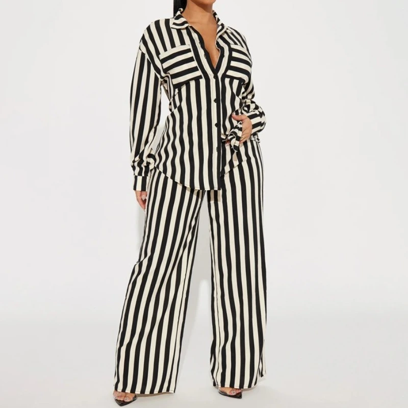 

Women's Pant Sets Stripe Single Breasted Turndown Collar Long Sleeved Shirt Casual Pants Two Piece Set