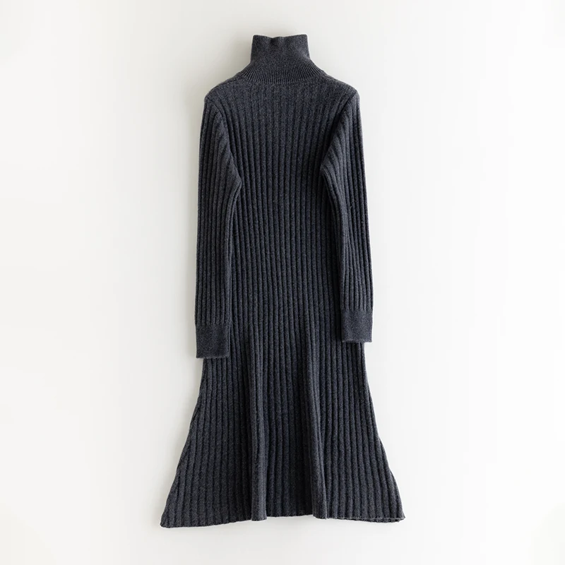 High-end Autumn Winter New 100% Cashmere Dress Long Sweater Women Knitted Dresses Female Fashion Lapel Neck Elastic Pullover