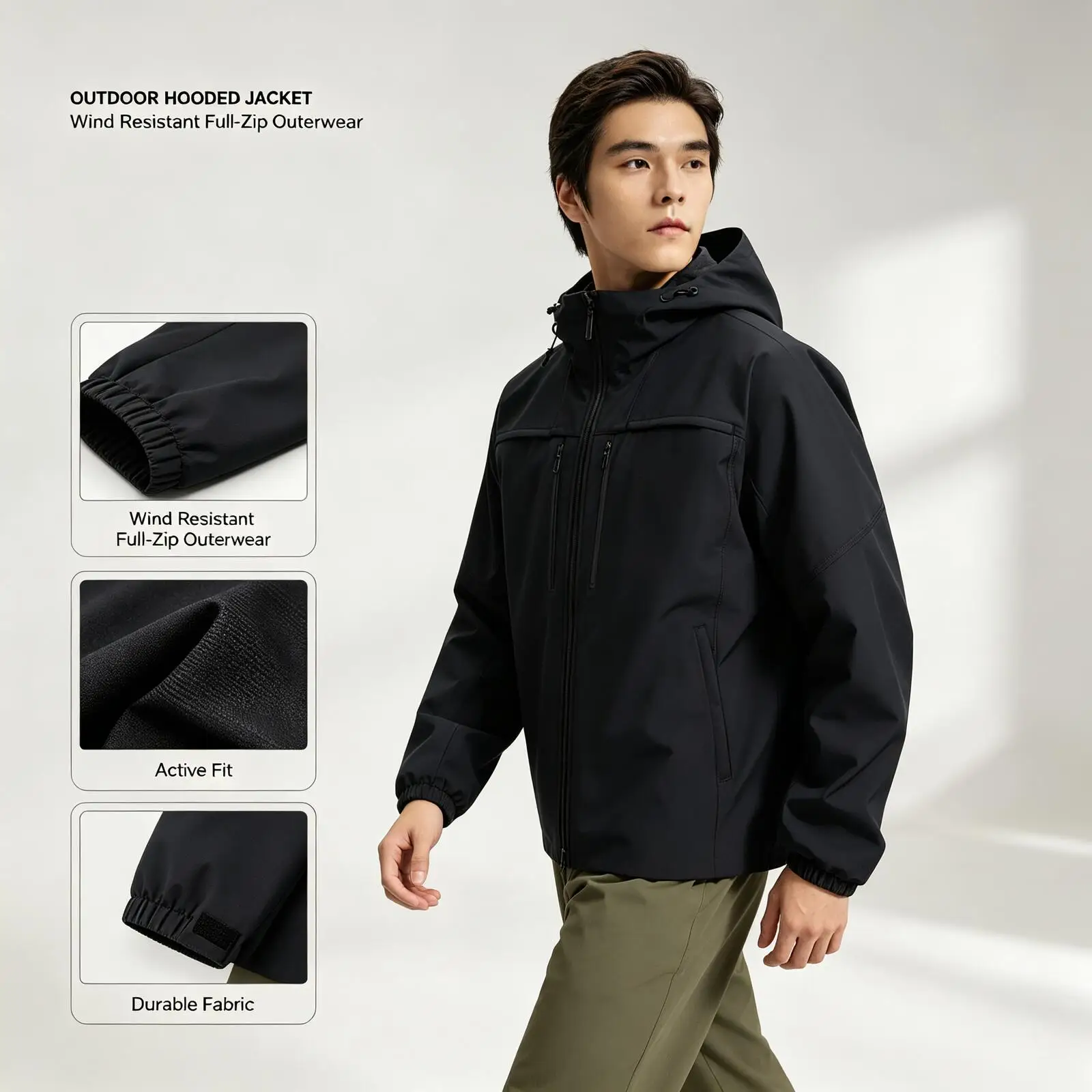 New Adidas Black Lightweight Hooded Wind Jacket Full-Zip Water Resistant Outdoor Hiking Running Casual Outerwear for Active Use
