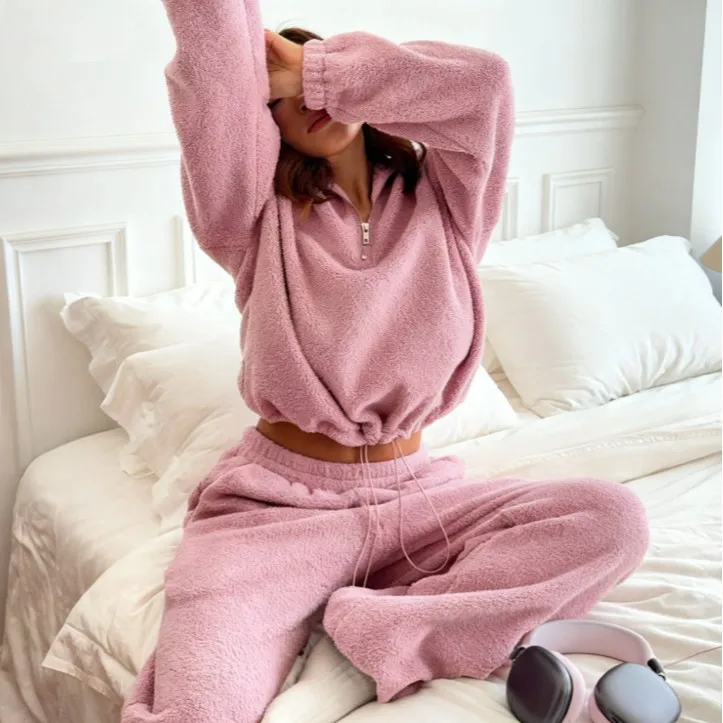 Thick Warm Flannel Half-zip Sportswear Women's Sleepwear Loungewear Pullove Turtleneck Suit Winter Soft Ladies Pajamas Homewear