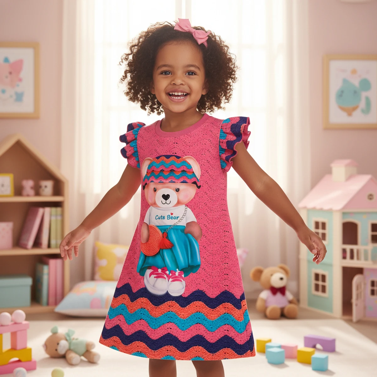 New Summer Cute Girl Dresses Cartoon Bear Print Flying Sleeve Knit Texture Princess Dresses For Holiday Casual Outings 1-8 Years