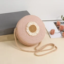 Round Flower Straw Bag Women Woven Beach Crossbody Bag for Ladies Shoulder Rattan Handmade Knitted Candy Color Handbag Bolsa