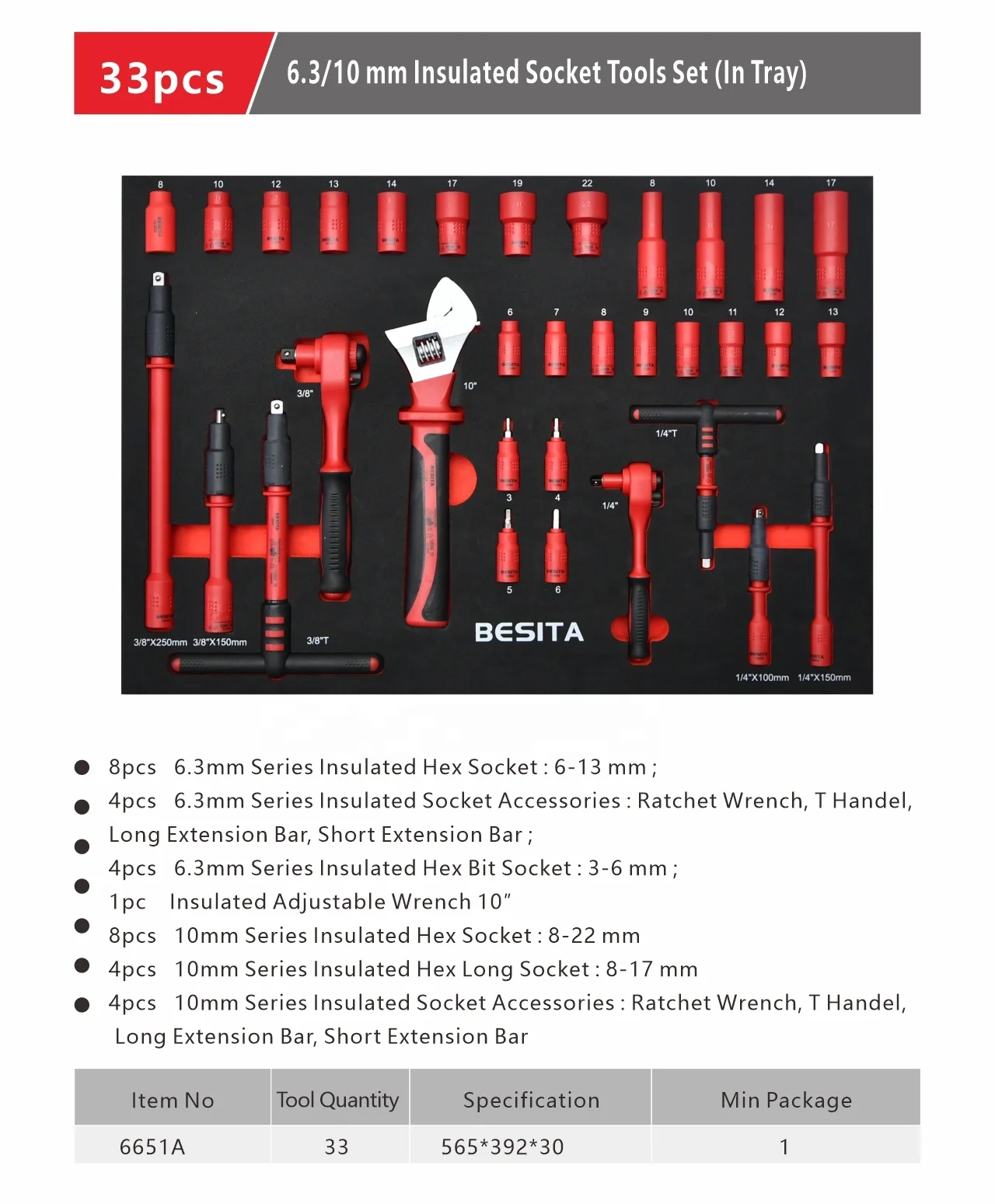 Multi Function Electricians Screwdriver Industrial Tool 6.3/10 mm Insulated Socket Tools Set with Tray