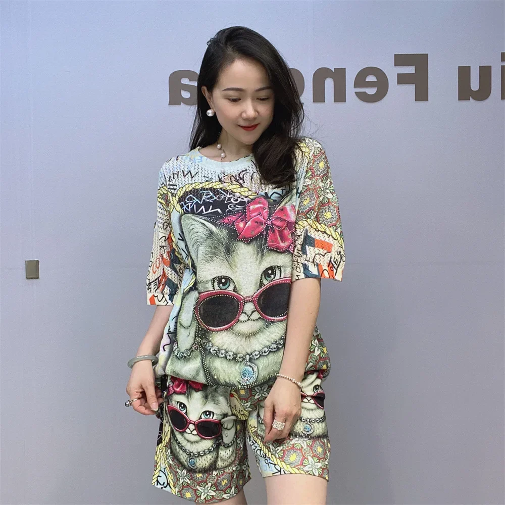 

2025 Summer Two Piece Sets Womens Outfits Clothing Cartoon Printed Diamonds Loose Casual Knitting Tops and Shorts Костюм Женский
