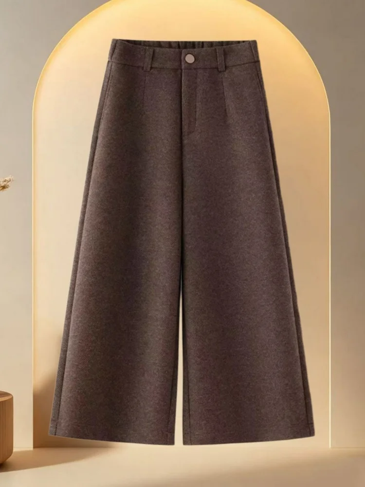 Calças largas de lã Thiened femininas outono inverno cor café Camere nove pontos calças de perna reta cintura alta commute...