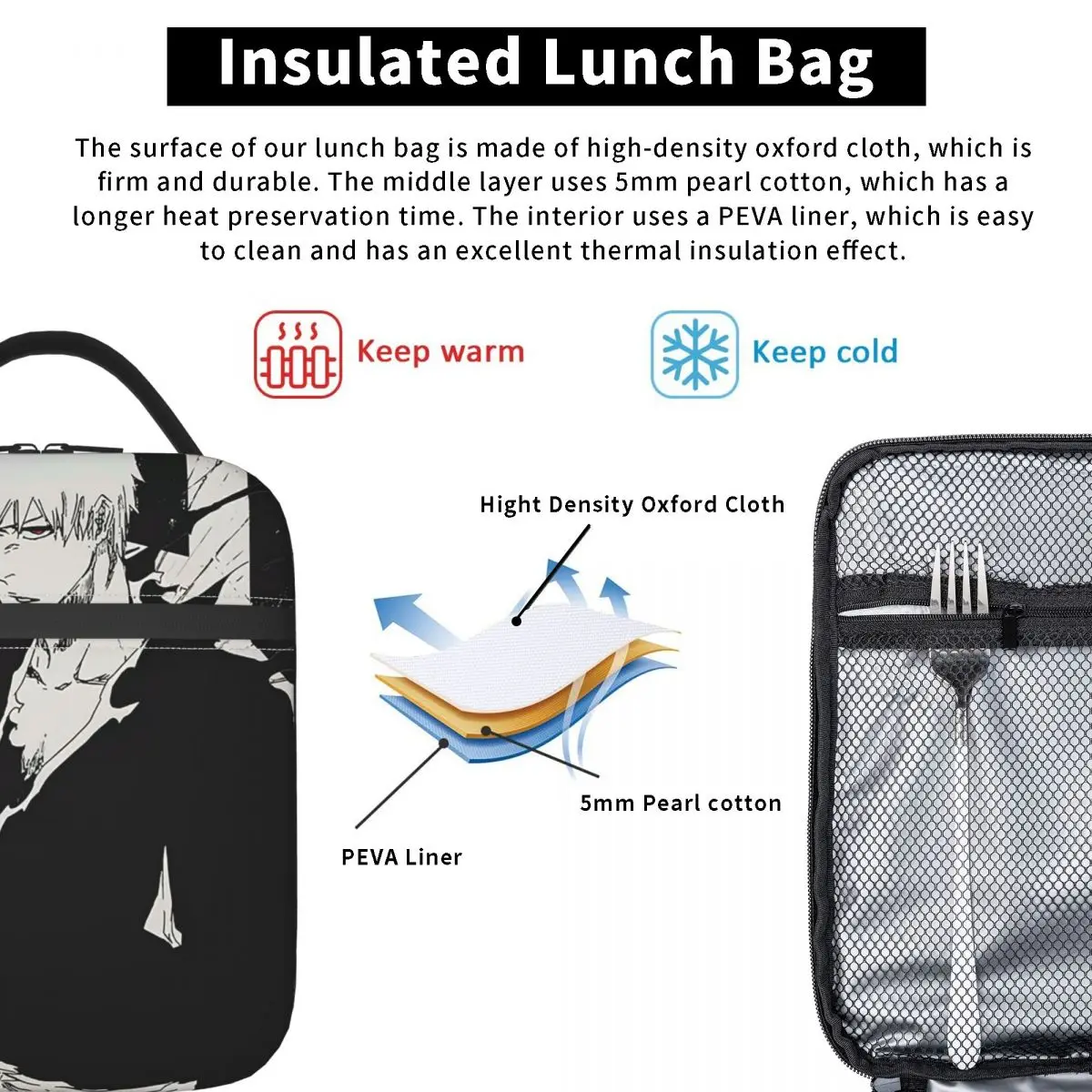 Ichigo Kurosaki Anime Bleach Insulated Lunch Bag for Women Kids Portable Food Boxes Thermal Lunch Box Tote