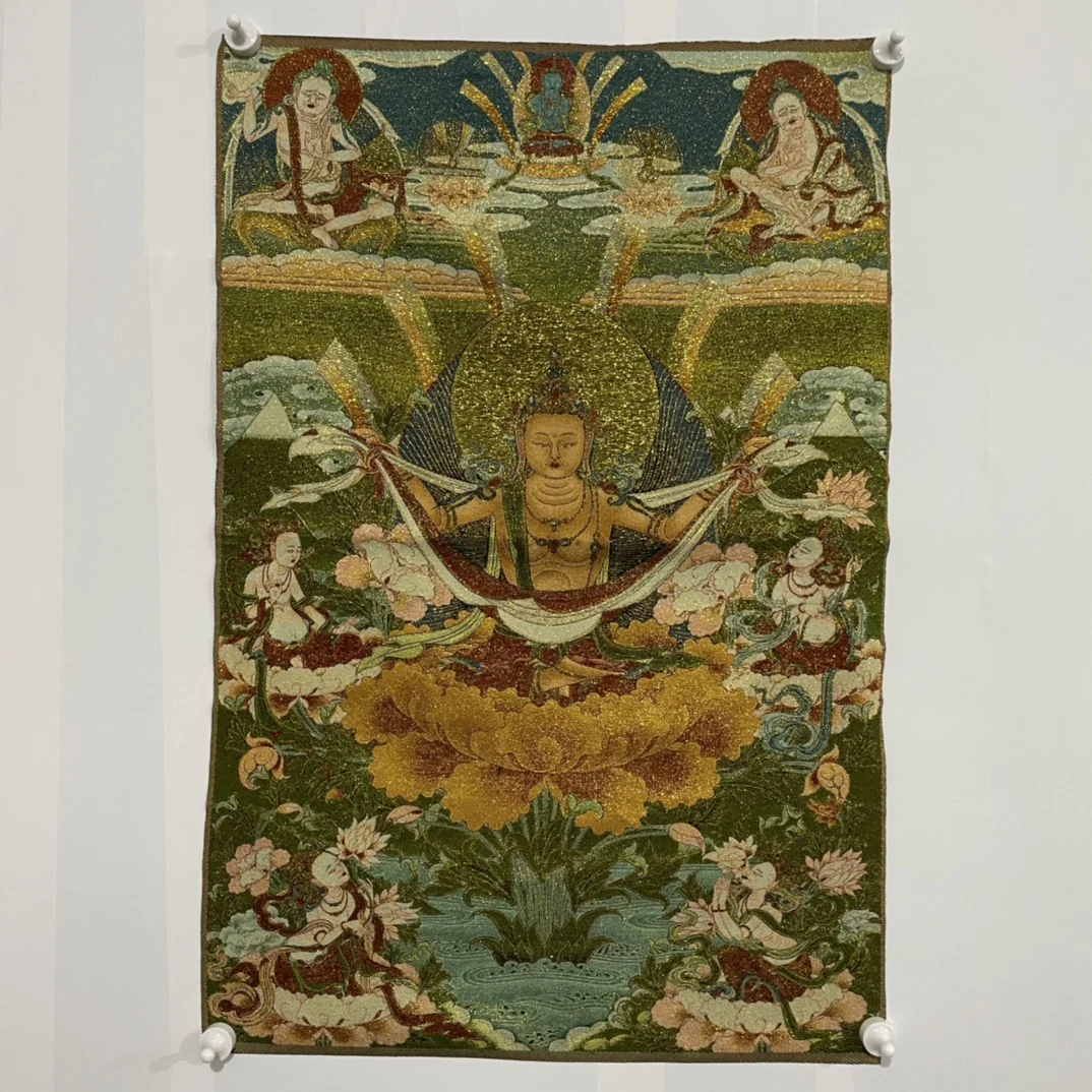 

35"Thangka Embroidery Tibetan Buddhism silk Embroidery Green Tara sitting Buddha Thangka hanging screen Worship Hall