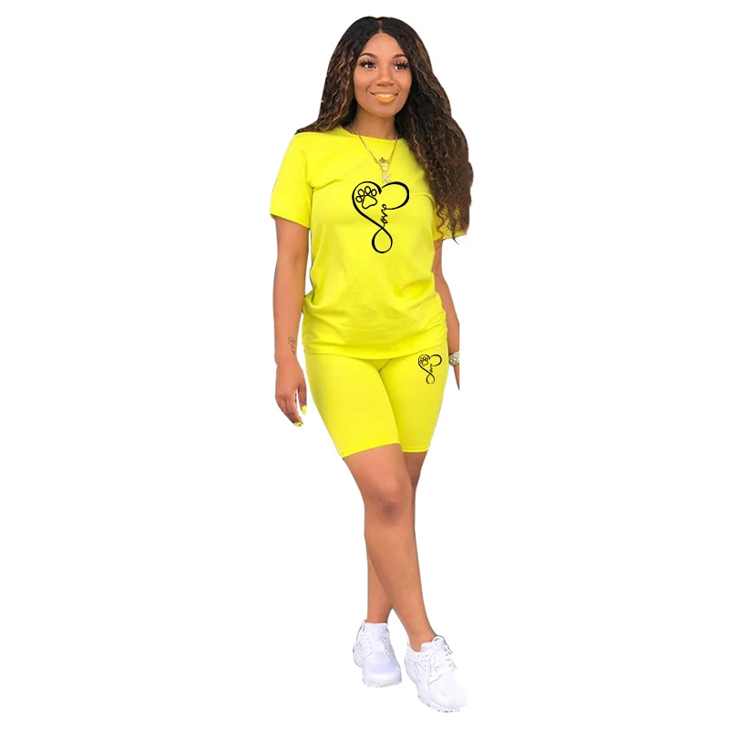 Women Solid Printting Tee Sports Casual 2 Piece Set Short Sleeve Top Biker Shorts Pant Casual Tracksuit Outfits Basic Streetwear