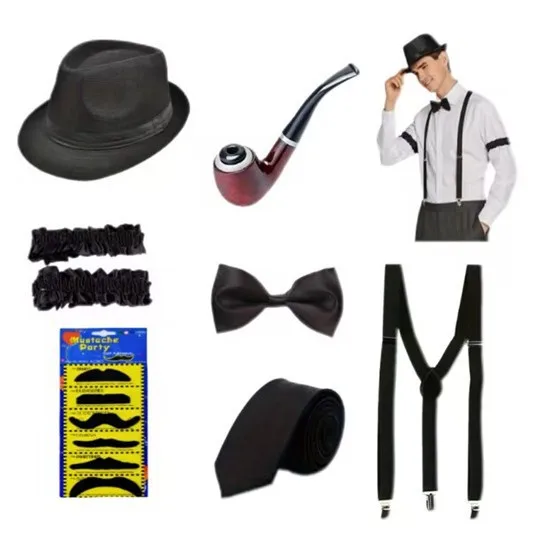 Disfraz de gangster estilo Gatsby de los años 20 para hombre, disfraz de anciano, accesorios de cosplay para abuelo, conjunto de sombrero, pipa, reloj de bolsillo, correa y corbata.