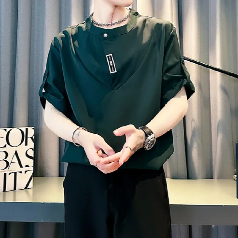 

Мужская пуловерная рубашка без воротника по индивидуальному дизайну, лето 2025 года, свободная повседневная рубашка с короткими рукавами, модная социальная уличная одежда