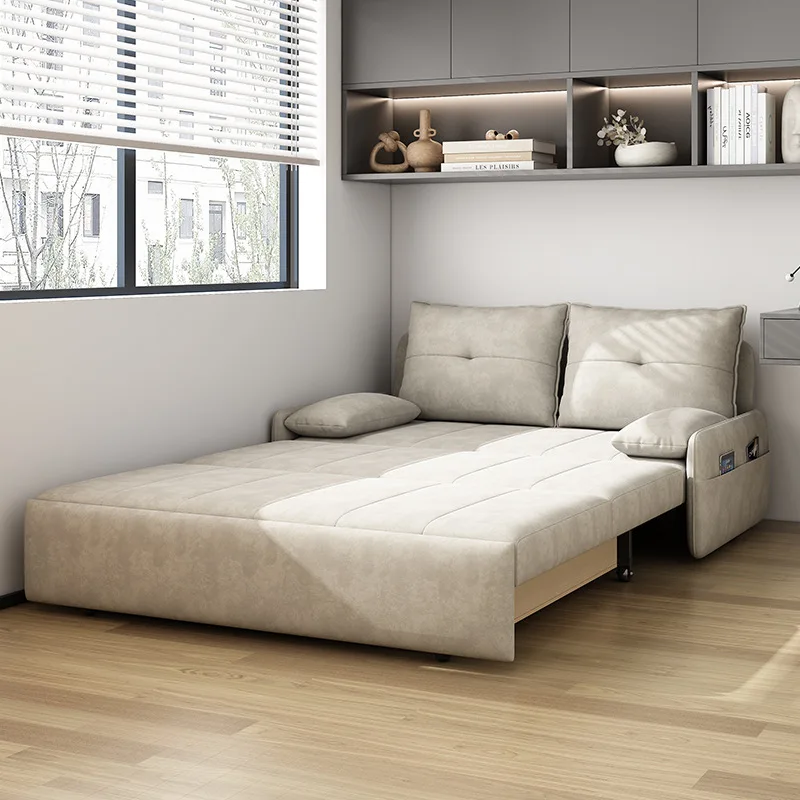 Modern Foldable Sofa Bed Two People with Multiple Functions Simple Sitting Lying Wood Frame Small-sized Living Rooms Studies