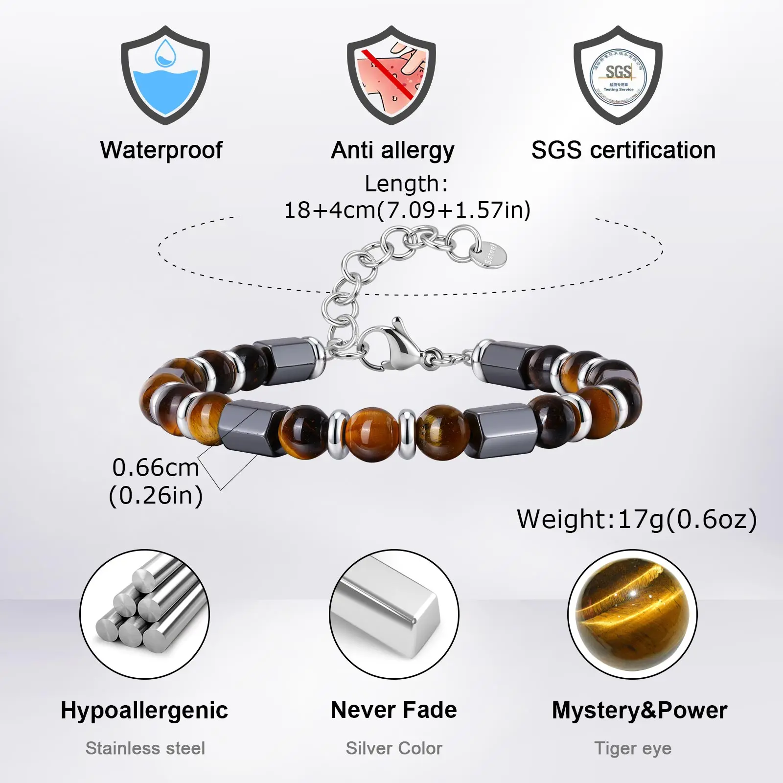 Hip Hop Men's Bracelet,Stainless Steel Adjustable Tiger Eye Stone Metal Beaded Bracelet,Party Birthday Gift for Him