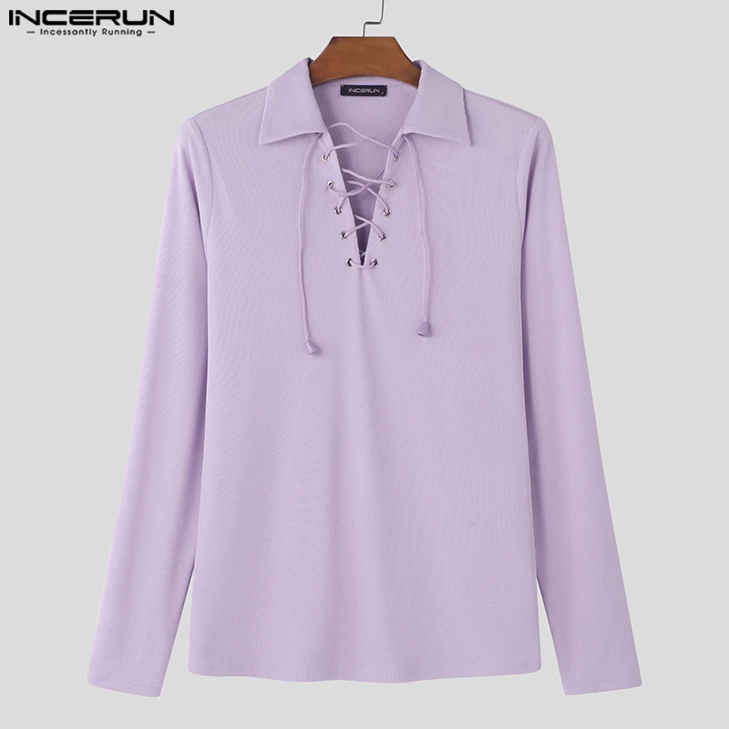 INCERUN 2024 Handsome Men\'s Mesh Drawstring Texture T-shirts Casual Personality Male Solid All-match Long Sleeved Camiseta S-5XL